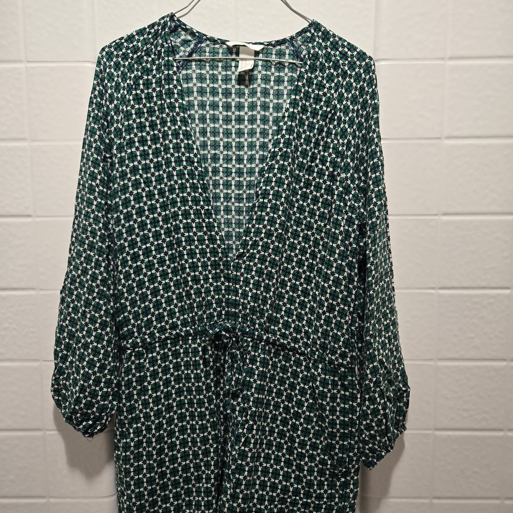 H&M Green Print Pattern Summer Short Longsleeve Jumpsuit Playsuit Romper Medium